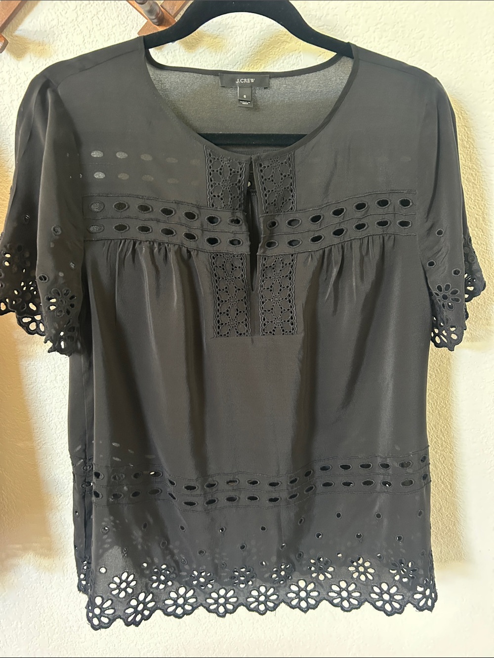 J. Crew Black Eyelet Lace-Trim Short Sleeve Blouse